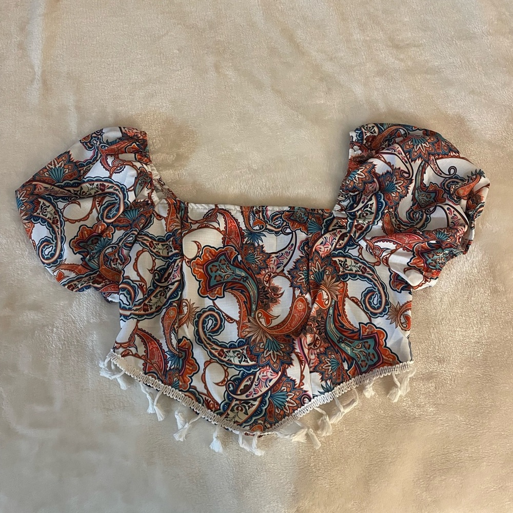 Paisley Patterned Crop Top with Tassels